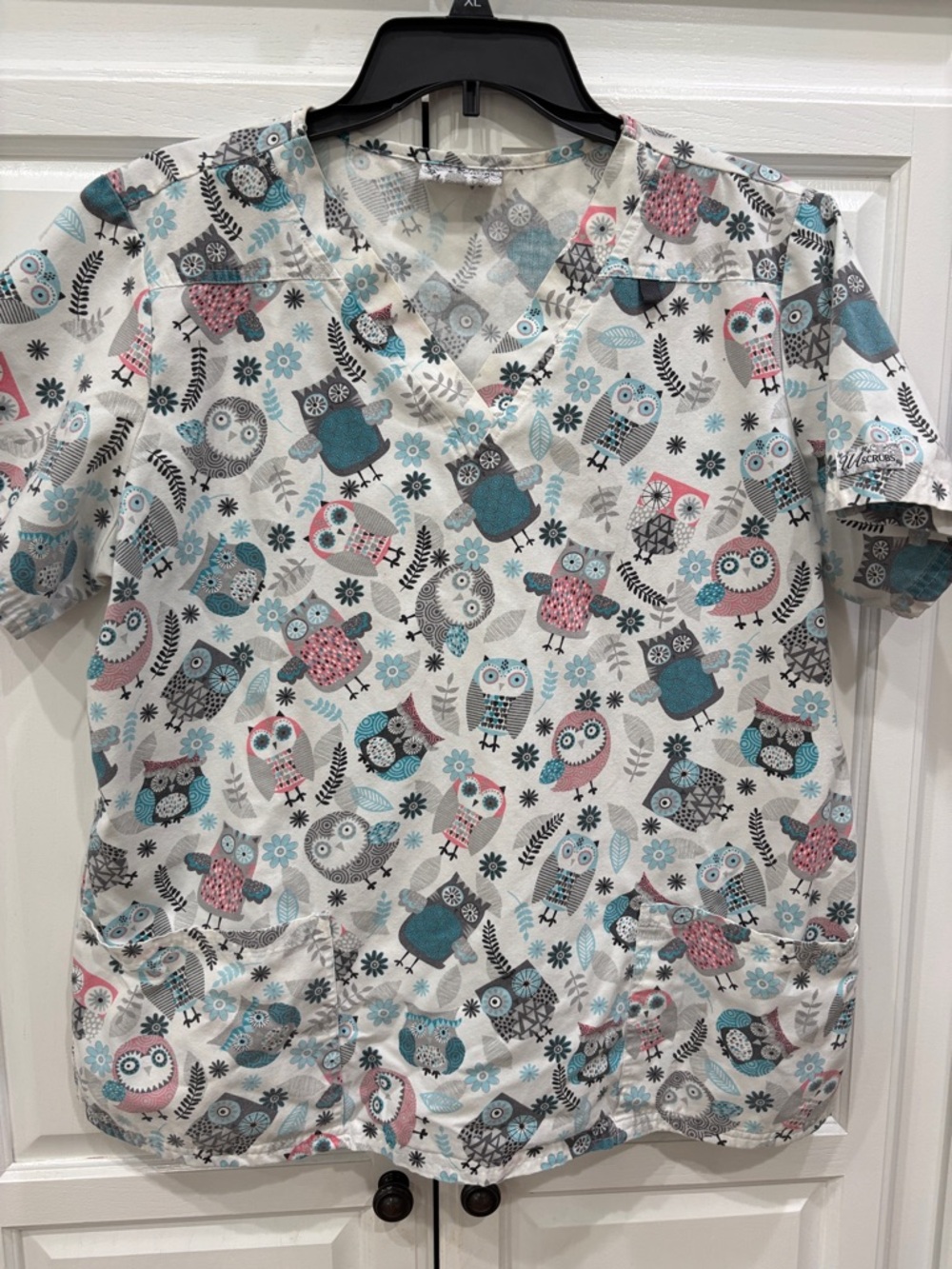 UA Scrubs Women's Owl Print V-Neck Top in White, Teal, Pink, Gray
